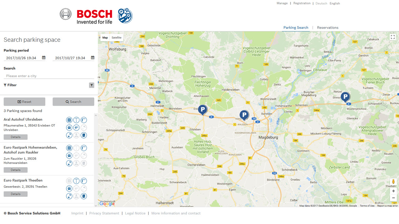 Bosch Secure Truck Parking web interface